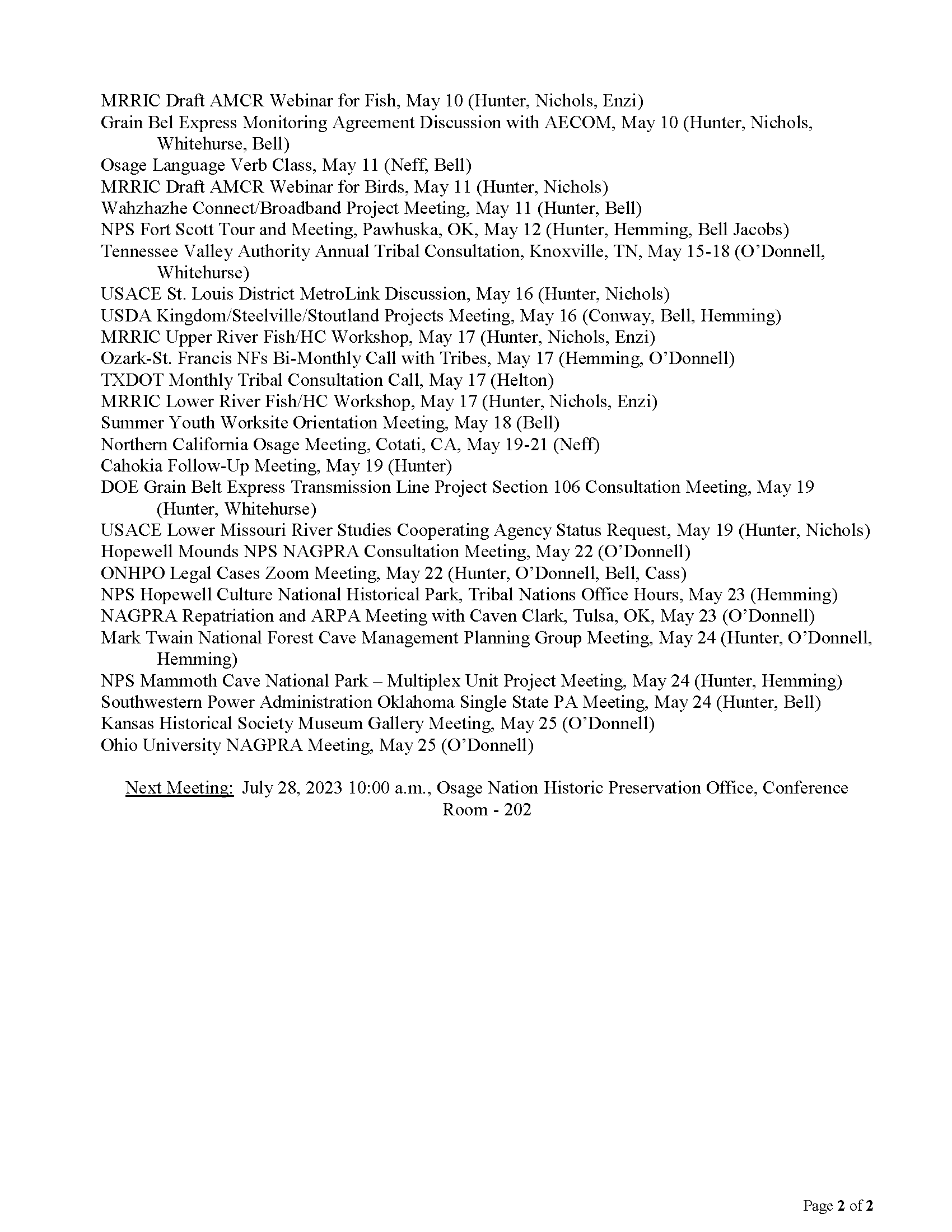 second page of agenda